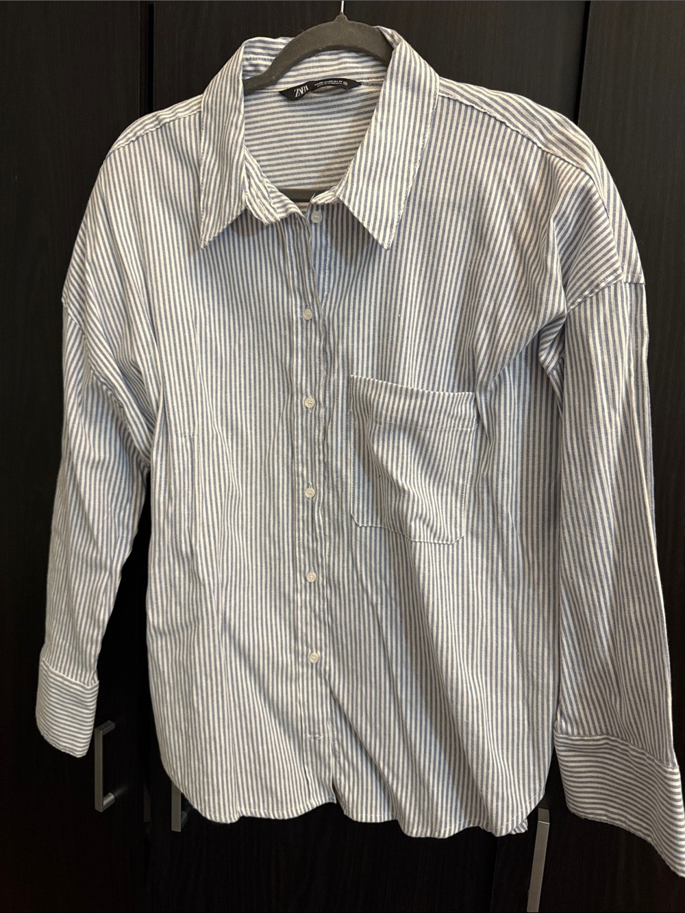 Zara Men's Blue and White Striped Button-Down Shirt